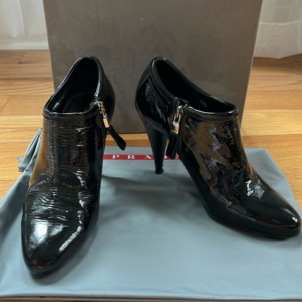 Prada black patent leather booties